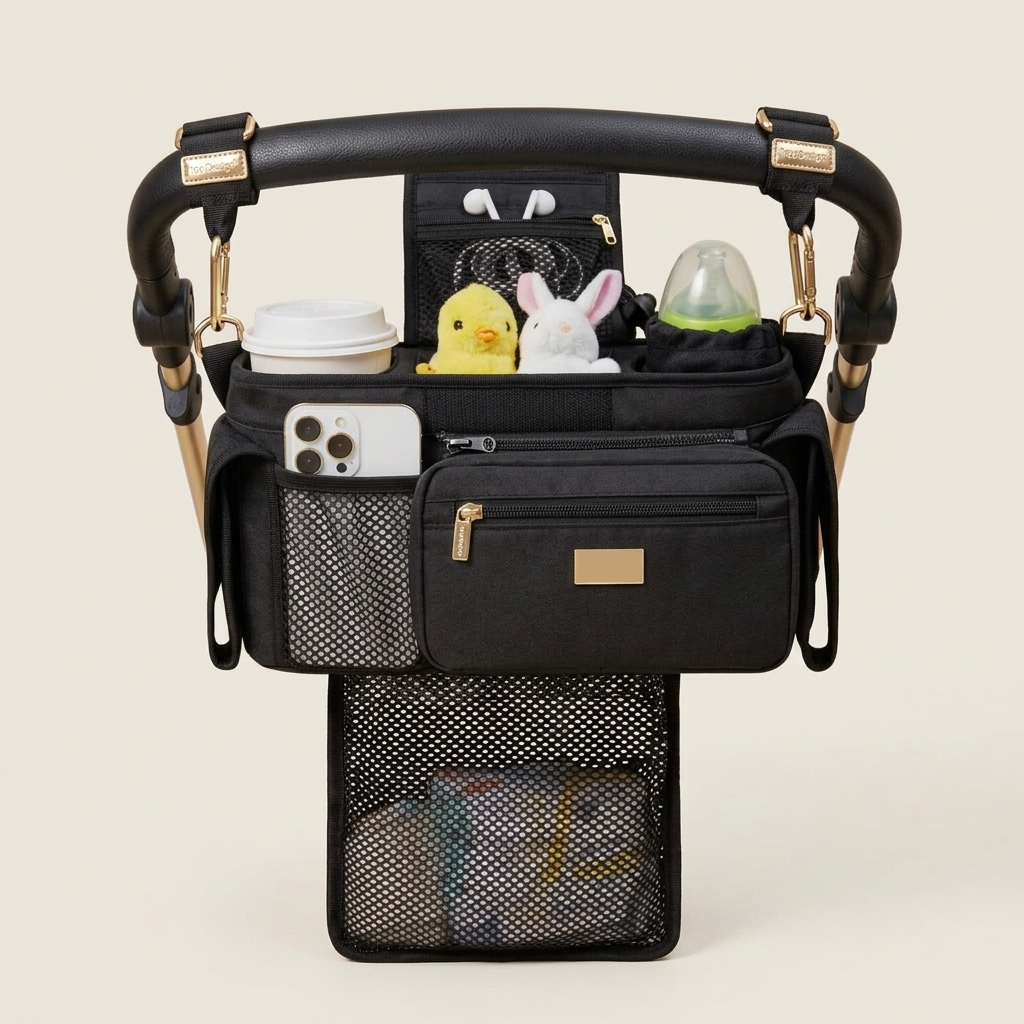 Black stroller organizer with various items on a beige background