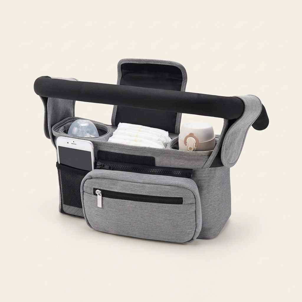 Gray and black car organizer with items inside on a light beige background