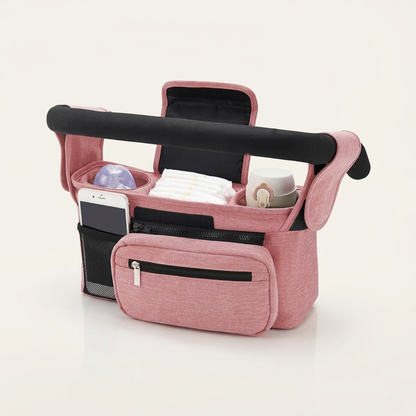 Pink handbag organizer with black accents on a white background