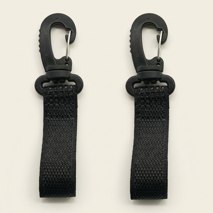 Two black carabiner straps on a light gray background